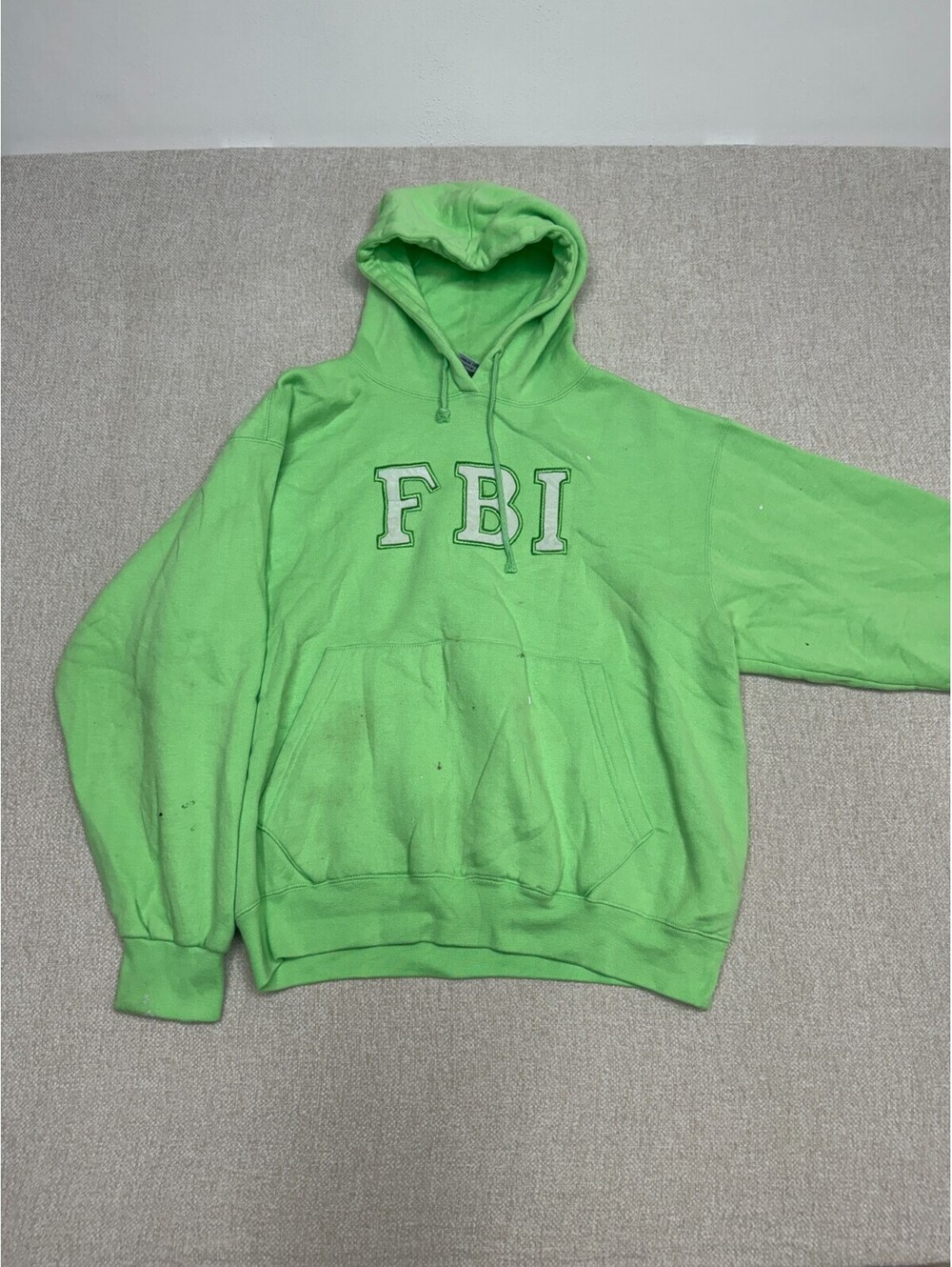 Mens Large Lime Green FBI Spellout Applique Pullover Fleece Hoodie